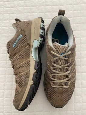 Women’s Waterproof Montrail Taupe/light blue Trail Running/Hiking shoes -size 7